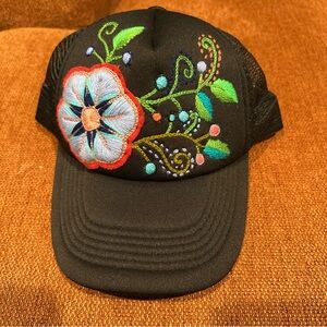 NEW Handmade Embroidered Black Trucker Hat with Floral Design